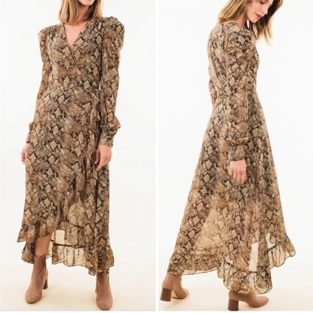 NEW WAYF Freeport Animal Python Snake Pattern Print Wrap Chiffon Midi Dress XS